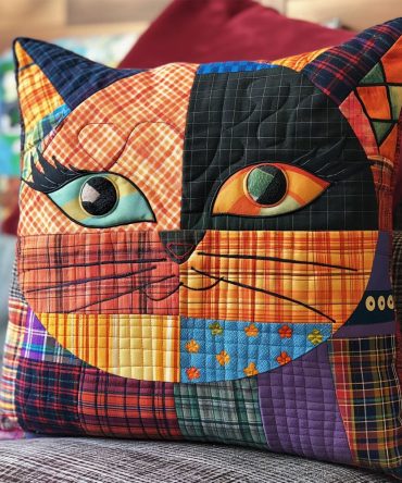 Playful Puss Quilted Pillow Cover - Graphic Cat Print & Modern Pattern, Soft Breathable Cotton, Pet-Friendly Care & Decorative Throw Case