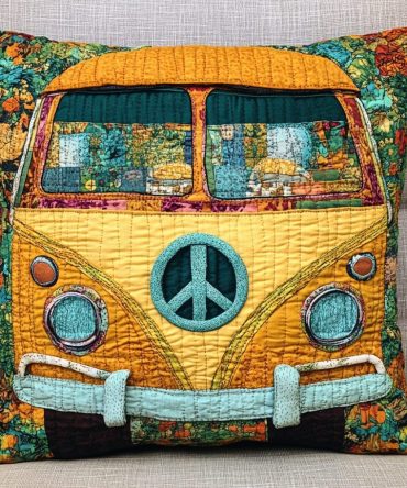 Vintage Peace Bus Quilted Pillow Cover — Retro Hippie Bus Cushion Sham, Colorful Bohemian Accent For Sofa & Dorm Rooms