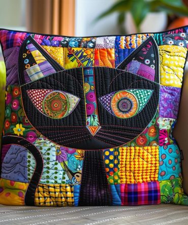 Artful Black Cat Quilted Pillow Cover - Elegant Feline Motif, Luxe Cotton Blend & Quilted Texture For Living Room & Bedroom Accent, Machine Wash