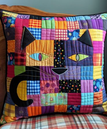 Patchwork Purr Quilted Cat Pillow Cover — Colorful Patchwork Kitten Cushion Case, Soft Quilted Throw Pillow Slip For Sofa & Bed