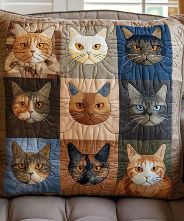 Vintage Kitty Quilted Decorative Pillow Cover — Retro Cat Print Cushion Case, Soft Quilted Throw Pillow Slip For Cozy Home Styling