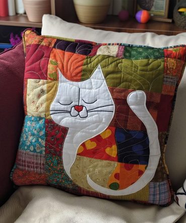 Vibrant Kitty Quilted Throw Pillow Cover — Bright Cat Cushion Case, Bold Colorful Quilted Accent For Sofa, Bedroom & Kids’ Rooms