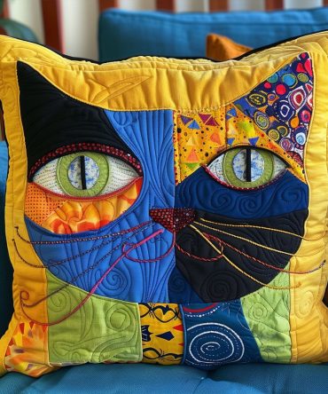 Playful Cat Quilted Cushion Cover — Fun Cat Print Throw Pillow Case, Soft Quilted Decorative Pillow Slip For Living Room & Nursery