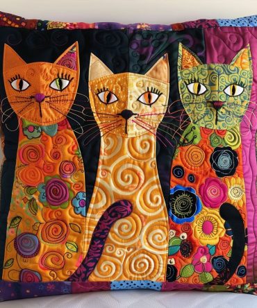 Colorful Whimsical Cats Quilted Pillow Cover — Multicolor Cat Cushion Case, Cheerful Quilted Throw Accent For Living Spaces