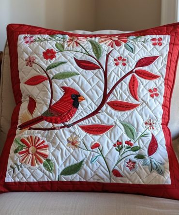 Scarlet Song Quilted Pillow Cover — Vibrant Red Bird Accent Pillowcase, Textured Quilting, Soft Cotton-Blend Decorative Throw For Cozy Rooms