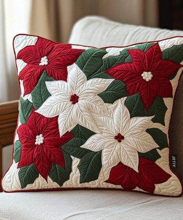 Winter Poinsettia Quilted Pillow Cover — Festive Floral Holiday Throw Pillow Case, Plush Quilted Accent For Seasonal Styling