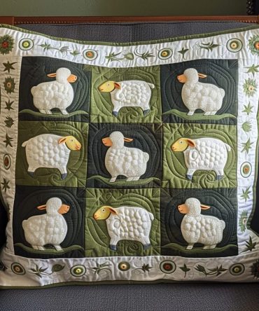 Meadow Dreams Quilted Throw Pillow Cover — Serene Pastoral Sheep Design Decorative Pillowcase For Cozy Country Style Rooms