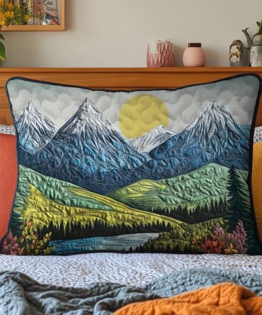 Sunrise Trail Quilted Decorative Pillow Cover — Rustic Sunrise & Trail Design, Quilted Throw Sham For Outdoor-Inspired, Cottage & Lodge Interiors