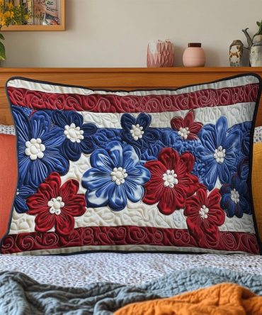 Independence Daisies Quilted Pillow Cover — Patriotic Floral Decorative Sham, Soft Cotton-Blend, Machine Washable Accent For Summer & Everyday
