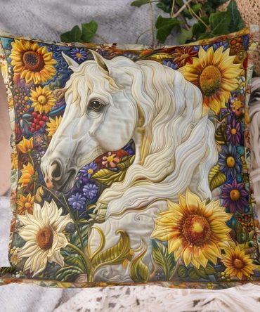 White Horse Among Flowers Quilted Pillow Cover — Serene Decorative Throw Sham With Elegant Equine & Bloom Design, Soft Quilting, Machine Washable