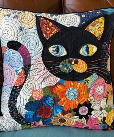 Colorful Kitty Patchwork Quilted Pillow Cover — Bright Patchwork Cat Cushion Case, Soft Quilted Throw Pillow Slip For Home & Kids