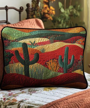 Vibrant Sunset Cactus Quilted Pillow Cover - Bold Sunset Hues And Cactus Silhouette, Eye-Catching Boho Decor, Soft Machine-Washable Fabric - Shop Now