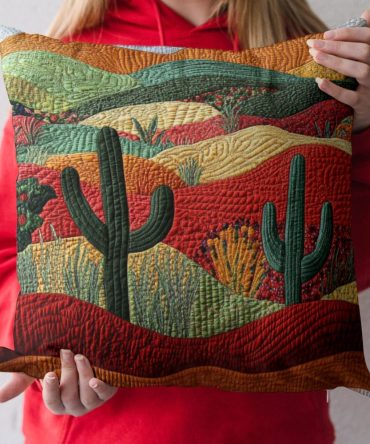 Vibrant Sunset Cactus Quilted Throw Pillow Cover — Bold Southwestern Decorative Cushion For Boho & Desert Chic Rooms
