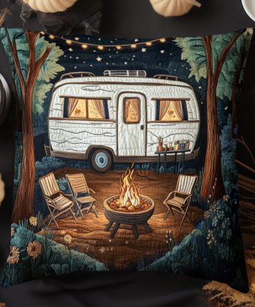 Moonlit Camper Quilted Pillow Cover — Retro Camper & Moon Scenic Quilted Pillowcase For Adventure-Themed Rooms & Cozy Cabins