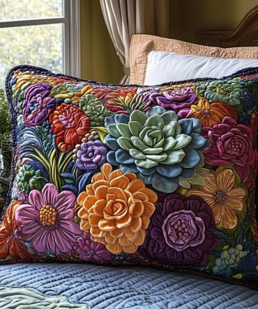 Succulent Symphony Quilted Pillow Cover — Modern Succulent Print Decorative Sham, Soft Quilting, Breathable Fabric & Easy Machine Care