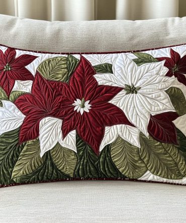 Winter Poinsettia Quilted Pillow Cover – Festive Floral Christmas Pillowcase With Poinsettia Motif, Elegant Holiday Accent For Home