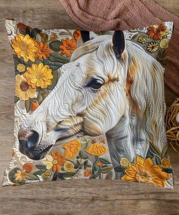 Sunlit Horse Meadow Quilted Pillow Cover — Bright Decorative Throw Sham With Warm Meadow Scene, Quilted Texture & Machine-Washable Finish