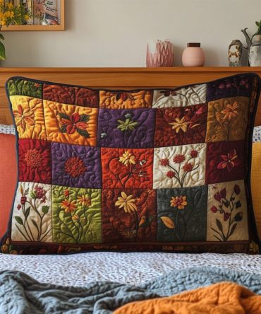 Autumn Floral Quilted Pillow Cover - Rustic Fall Bouquet Design, Warm Tones, Soft Cotton Blend, Cozy Seasonal Bedding Accent - Shop Now