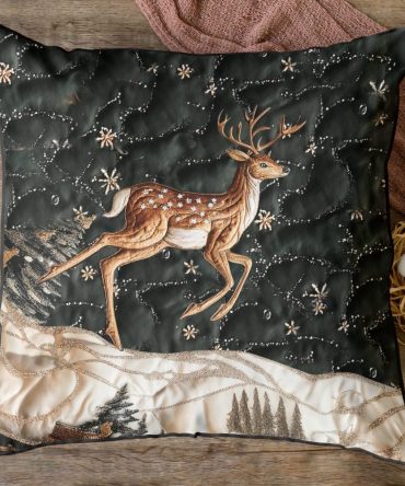 Reindeer Run Quilted Pillow Cover — Festive Winter Reindeer Decorative Throw Pillowcase With Stitched Texture, Cozy Cotton-Blend, Easy Care