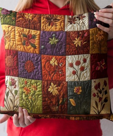 Autumn Floral Quilted Throw Pillow Cover — Warm Harvest Flower Cushion For Seasonal Fall Decor & Cozy Home Styling