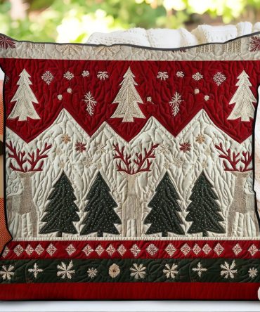 Alpine Pines Quilted Pillow Cover — Rustic Mountain-Inspired Decorative Throw Pillowcase With Pine Motif, Soft Cotton-Blend, Machine Washable