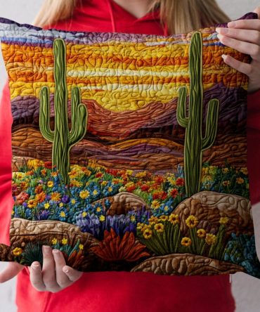 Cactus Sunrise Quilted Pillow Cover — Desert & Succulent Decorative Throw Pillowcase, Southwestern Boho Accent For Home & Patio