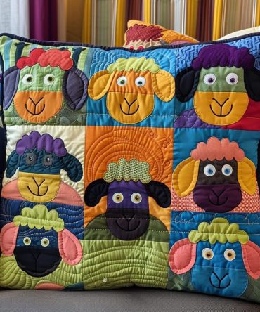 Rainbow Ewe Quilted Throw Pillow Cover — Colorful Sheep Pattern Decorative Pillowcase To Brighten Nurseries & Kids' Spaces