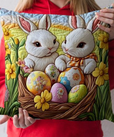 Easter Bunny Quilted Pillow Cover With Pastel Spring Motif, Soft Cotton Blend Decorative Throw Pillowcase For Easter, Spring & Holiday Decor