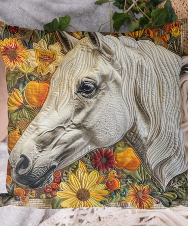 Blissful Horse Floral Quilted Pillow Cover — Tranquil Decorative Throw Sham With Horse & Bloom Motif, Soft Quilting, Hidden Zipper & Easy Care