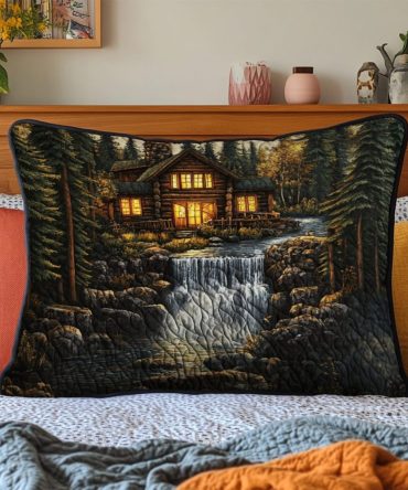 Forest Cabin Quilted Pillowcase — Rustic Woodland Throw Cover, Soft Brushed Fabric, Cozy Quilted Texture For Lodge & Cabin Décor