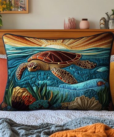 Tropical Turtle Quilted Pillow Cover — Blue Lagoon Sea Turtle Print, Coastal Beach Decorative Pillowcase For Nautical & Kids Rooms