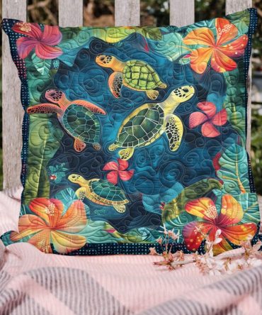 Turtles Journey Quilted Decorative Pillow Cover — Serene Sea Life Throw Cushion For Coastal Living Rooms, Bedrooms & Patios
