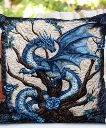 Rosefire Dragon Quilted Decorative Pillow Cover — Fiery Rose & Dragon Motif, Luxurious Cotton Blend Throw Cushion For Dramatic Interiors