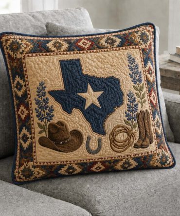 Lone Star Bloom Quilted Throw Pillow Cover — Texas-Inspired Floral Decorative Pillowcase For Country Chic, Porch & Living Rooms, Washable