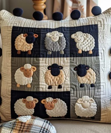 Ewe-Nique Patterns Quilted Pillow Cover — Whimsical Sheep Pattern Throw Pillowcase For Kids' Rooms, Nurseries & Cottage Style