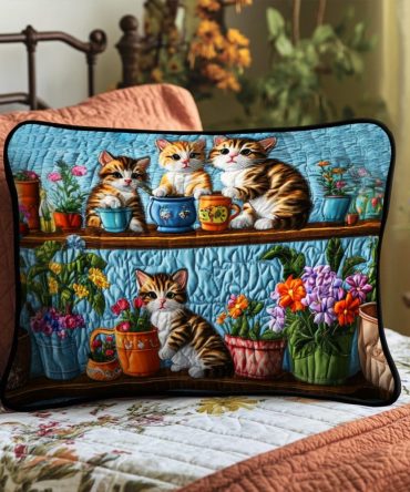 Kitten Garden Quilted Pillow Cover — Adorable Floral & Cat Print For Kids, Soft Cotton-Blend, Washable & Cozy Bedding Accent