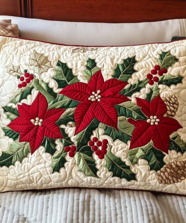 Poinsettia Holiday Quilted Pillow Cover – Festive Floral Christmas Pillowcase With Embroidered Blooms And Soft Plush Backing For Seasonal Style