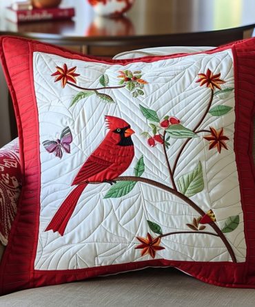 Cardinal Whisper Quilted Pillow Cover — Subtle Red Decorative Case For Toss Pillows , Textured Quilting, Soft Touch, Zippered Closure