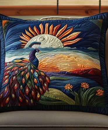 Tropical Feather Quilted Pillow Cover — A Plumed Path Decorative Throw Pillowcase, Exotic Garden Motif For Bedroom & Sunroom Accents