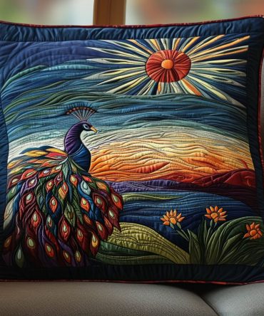 A Plumed Path Through Paradise Quilted Pillow Cover — Tropical Feather Floral Decorative Pillowcase, Soft Quilted Cotton Accent