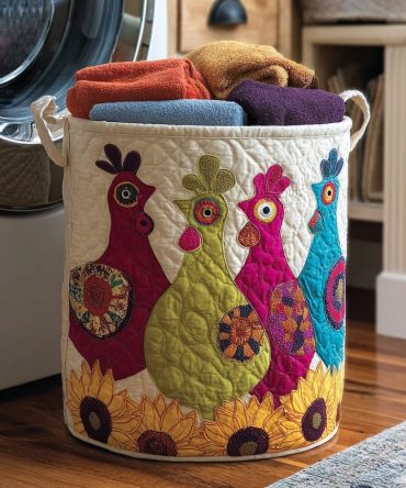 Abstract Chicken Quilted Laundry Hamper - Whimsical Farmhouse Fabric Basket, Foldable Washable Organizer For Kitchen & Laundry Room