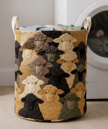 Abstract Sheep Quilted Laundry Hamper — Modern Quilted Fabric Laundry Bin With Abstract Sheep Design, Foldable & Durable Storage