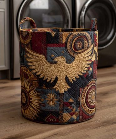 Abstract Tribal Eagle Quilted Laundry Hamper — Bold Geometric Quilted Basket With Handles, Collapsible & Washable, Eye-Catching Storage For Home