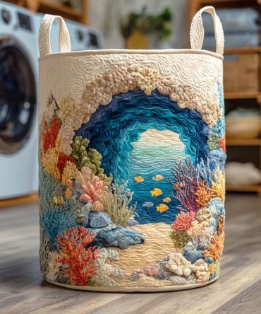 Abyssal Coral Cave Quilted Laundry Hamper – Deep-Sea Patterned Collapsible Fabric Basket, Durable Decorative Organizer For Home & Bath