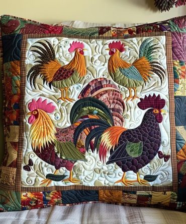 Adorable Chickens Quilted Pillow Cover — Cute Hen & Rooster Cushion Case, Soft Quilted Throw Accent For Nursery, Kitchen & Living Areas