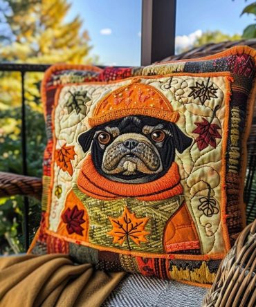Charming Single Pug Quilted Pillow Cover — Cute Adorable Pug Throw Pillowcase, Quilted Accent For Cozy Chairs & Beds