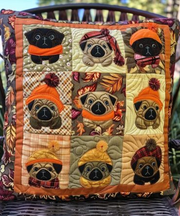 Adorable Pugs Quilted Pillow Cover — Cute Pug Throw Pillowcase, Quilted Decorative Accent For Sofa, Nursery & Pet Lovers