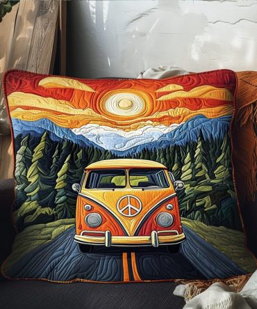 Adventure On Wheels Quilted Decorative Pillow Cover - Vintage Camper & Bike Print, Travel-Inspired Bedding Accent, Durable Quilting - Shop Now