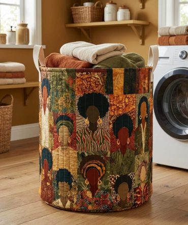 African Mosaic Face Quilted Laundry Hamper – Artistic Mask-Inspired Fabric Basket With Strong Handles, Collapsible And Eye-Catching Home Storage Solution