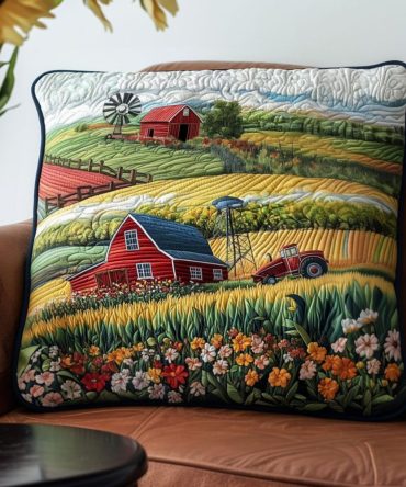 Farm Fresh Quilted Pillow Cover — Agricultural Landscape Throw Pillowcase For Rustic Farmhouse & Country Chic Decor